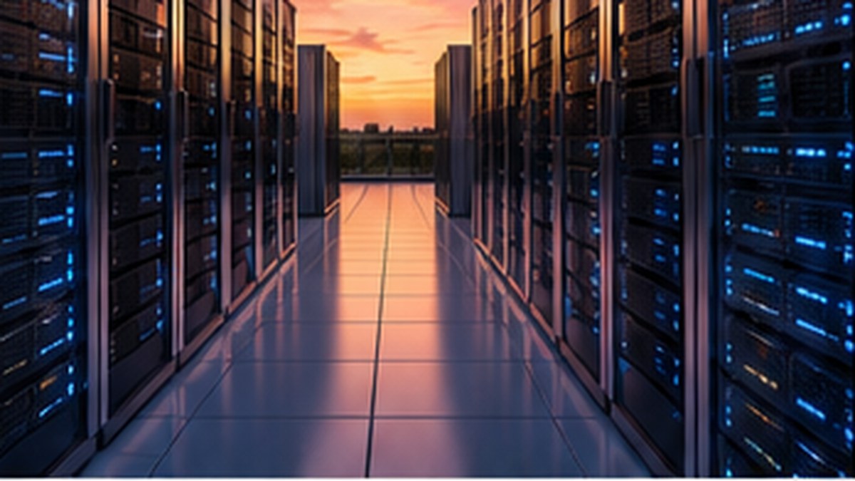 Rows of large data-center server racks representing proposed AI infrastructure in California's 209 region.