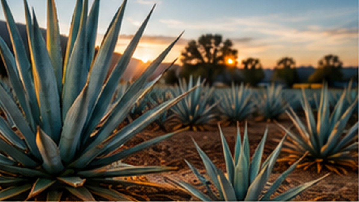 Agave plants growing in a dry agricultural field at sunset, representing experimental low-water farming in California.