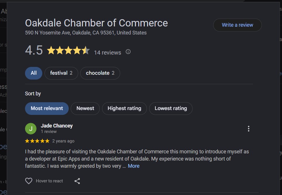 Screenshot of a five-star Google review left for the Oakdale Chamber of Commerce two years earlier